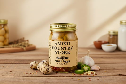 Canned Pickled Jalapeño Quail Eggs in a jar, spicy and tangy snack from Amish Country Store.