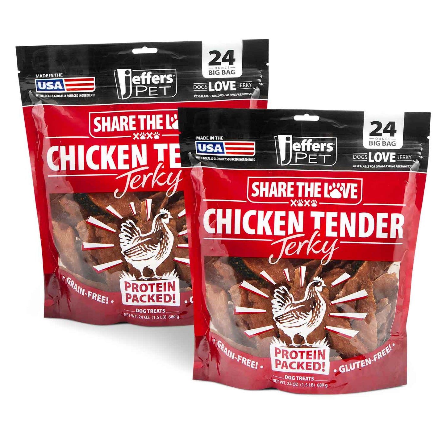 Jeffers Chicken Jerky Dog Treats in a 24 oz package, showcasing natural, grain-free, gluten-free dog treats made in the USA.