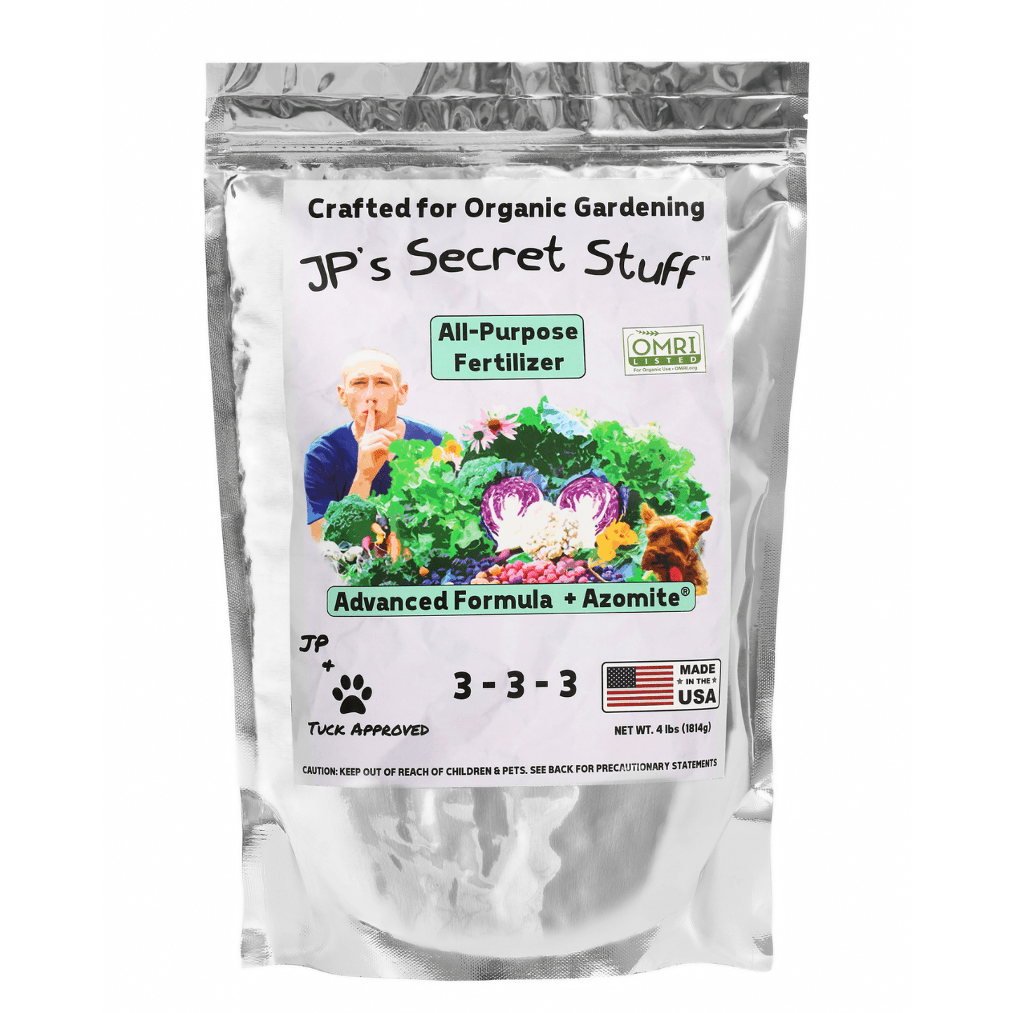 Granular JP’s Secret Stuff™ organic fertilizer 4 lbs by Team Grow, all-purpose 3-3-3 balanced nutrient granules for plants