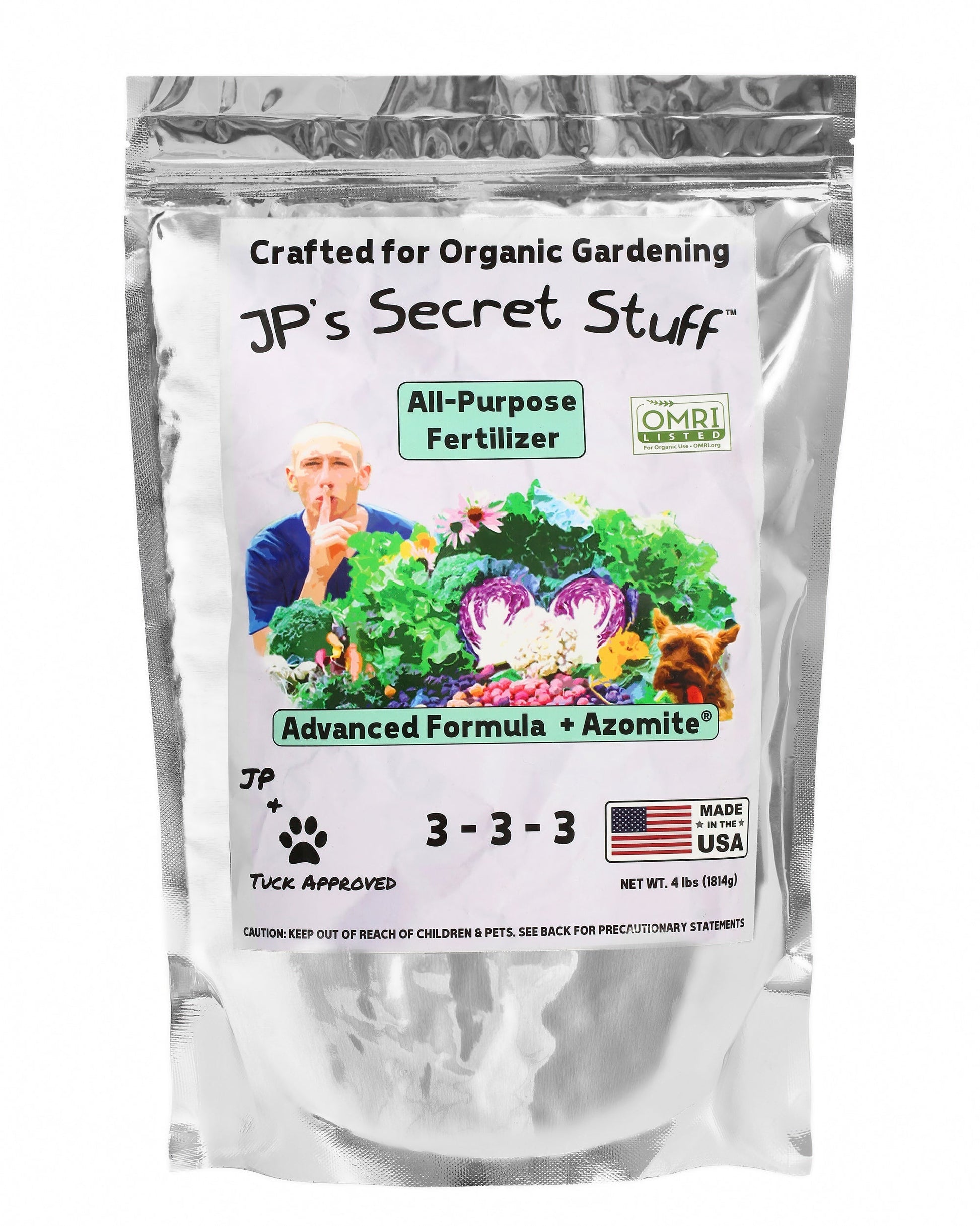 Granule of JP’s Secret Stuff™ All-Purpose Organic Fertilizer 3-3-3 by Team Grow, 4 lbs, OMRI listed for organic gardening.