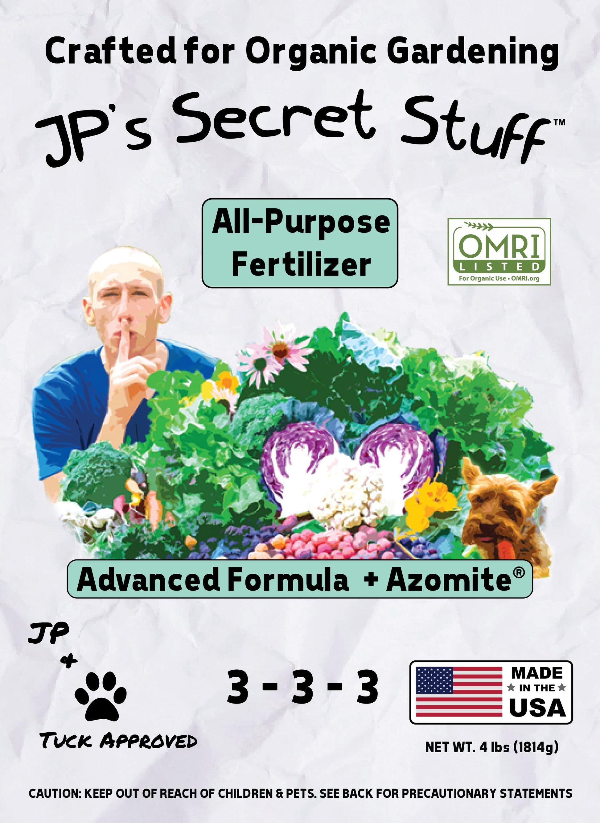 Granular JP’s Secret Stuff™ organic fertilizer 4 lb by Team Grow, showing brown granules in a clear bag for all-purpose plant feeding.