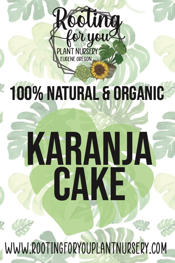 Karanja Cake soil amendment from Rooting For You Plant Nursery, showing a brown, textured organic Karanja meal product in a container.