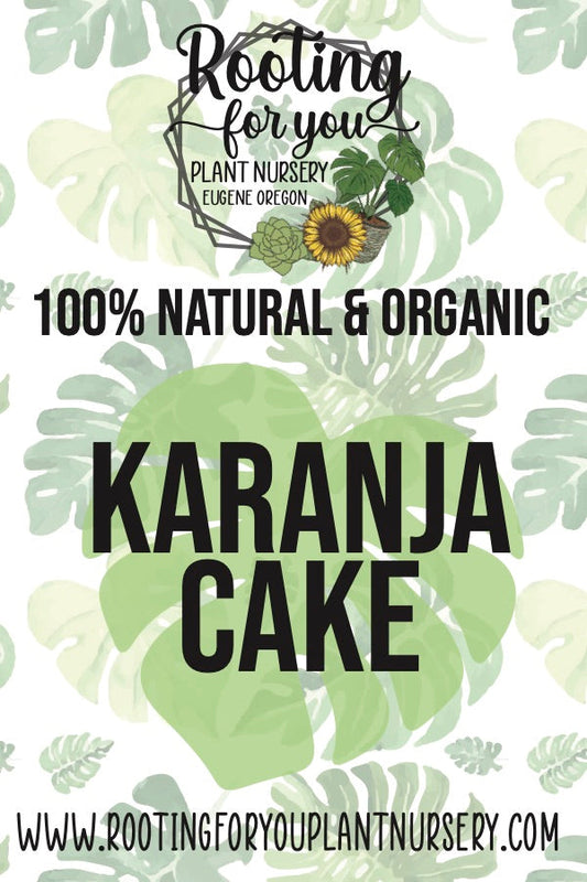 Karanja Cake soil amendment from Rooting For You Plant Nursery, showing a brown, textured organic Karanja meal product in a container.