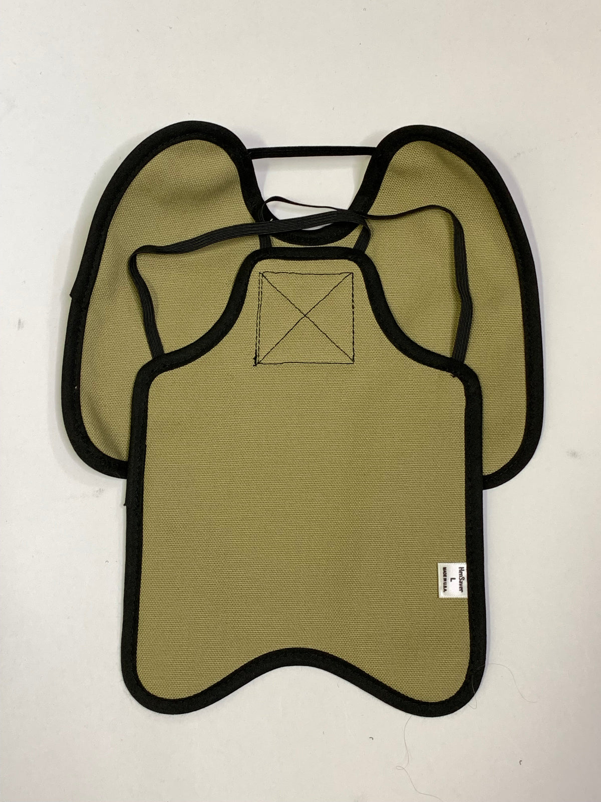 Khaki hen apron with shoulder protectors from Crazy K Farm Pet and Poultry, designed to shield hens' shoulders.