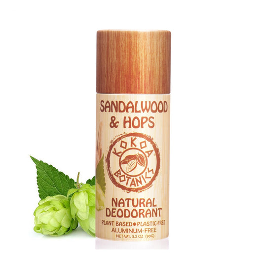 KOKOA BOTANICS natural deodorant stick with sandalwood and hops scent, plastic-free 3.2 oz packaging, eco-friendly personal care product.