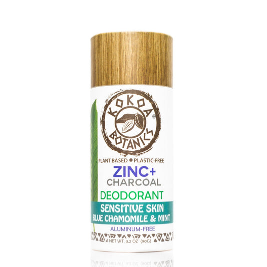 Blue chamomile and mint natural deodorant by KOKOA BOTANICS, zinc and charcoal, gentle for sensitive skin, baking soda-free.