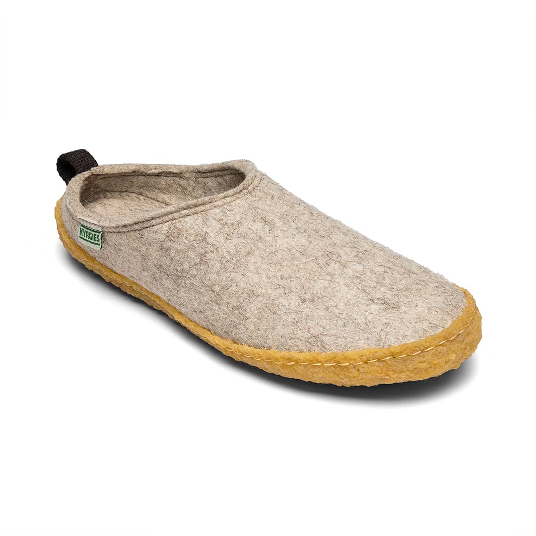 Kyrgies outdoor wool slides showing comfortable slip-on design with wool lining and durable outdoor sole in natural colors.