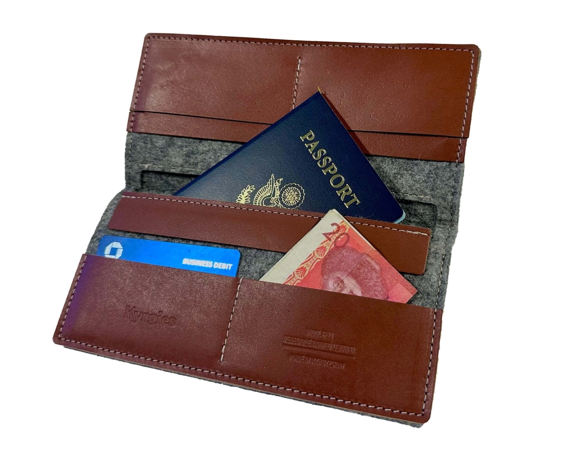 Kyrgies travel wallet featuring multiple card slots, passport pocket, and compact design for secure travel organization.