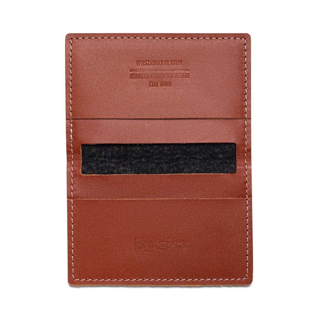 Gray felt and leather bifold wallet by Kyrgies showing multiple card slots and a sleek, minimalist design.