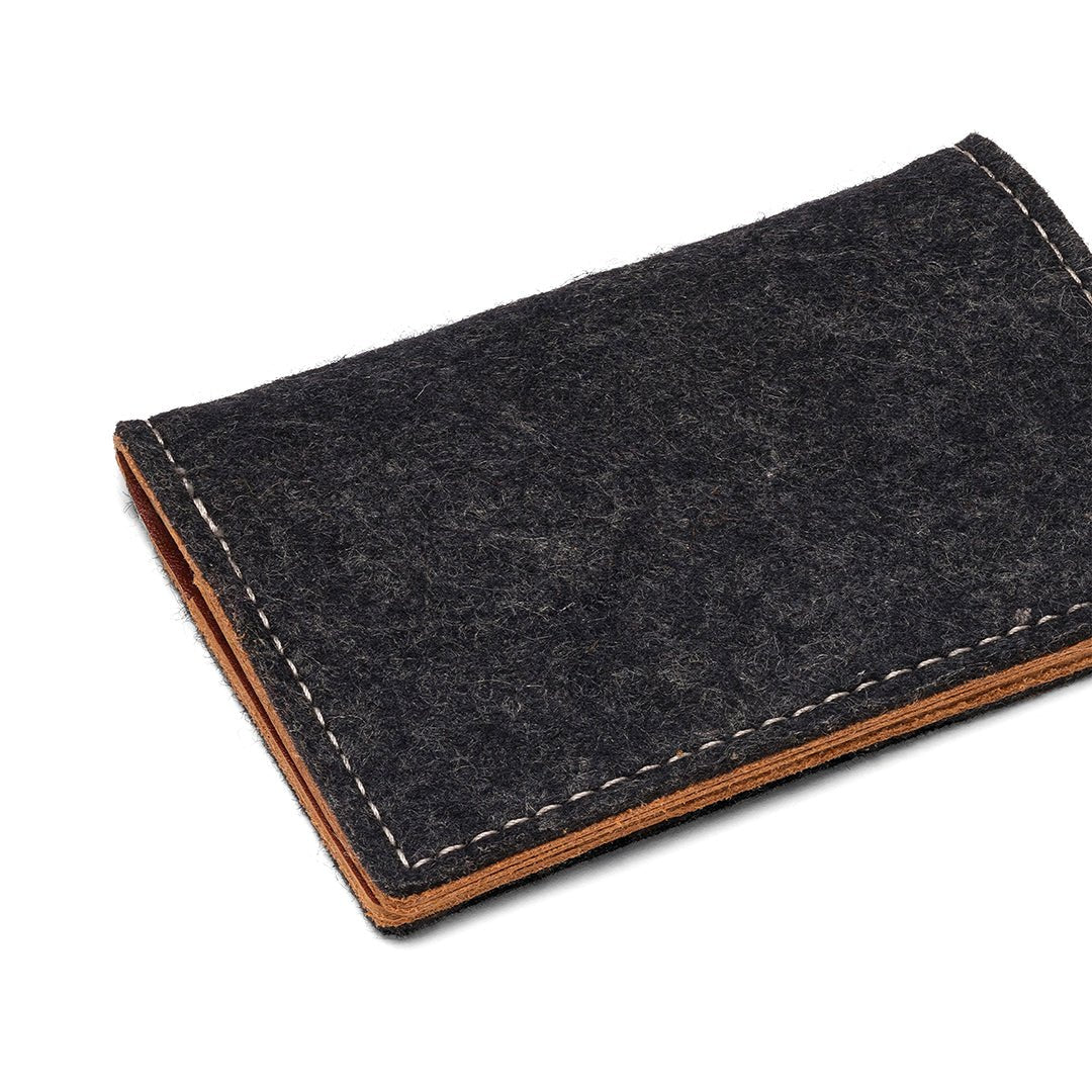 Gray felt and leather bifold wallet by Kyrgies, featuring a sleek design with card slots and secure closure.
