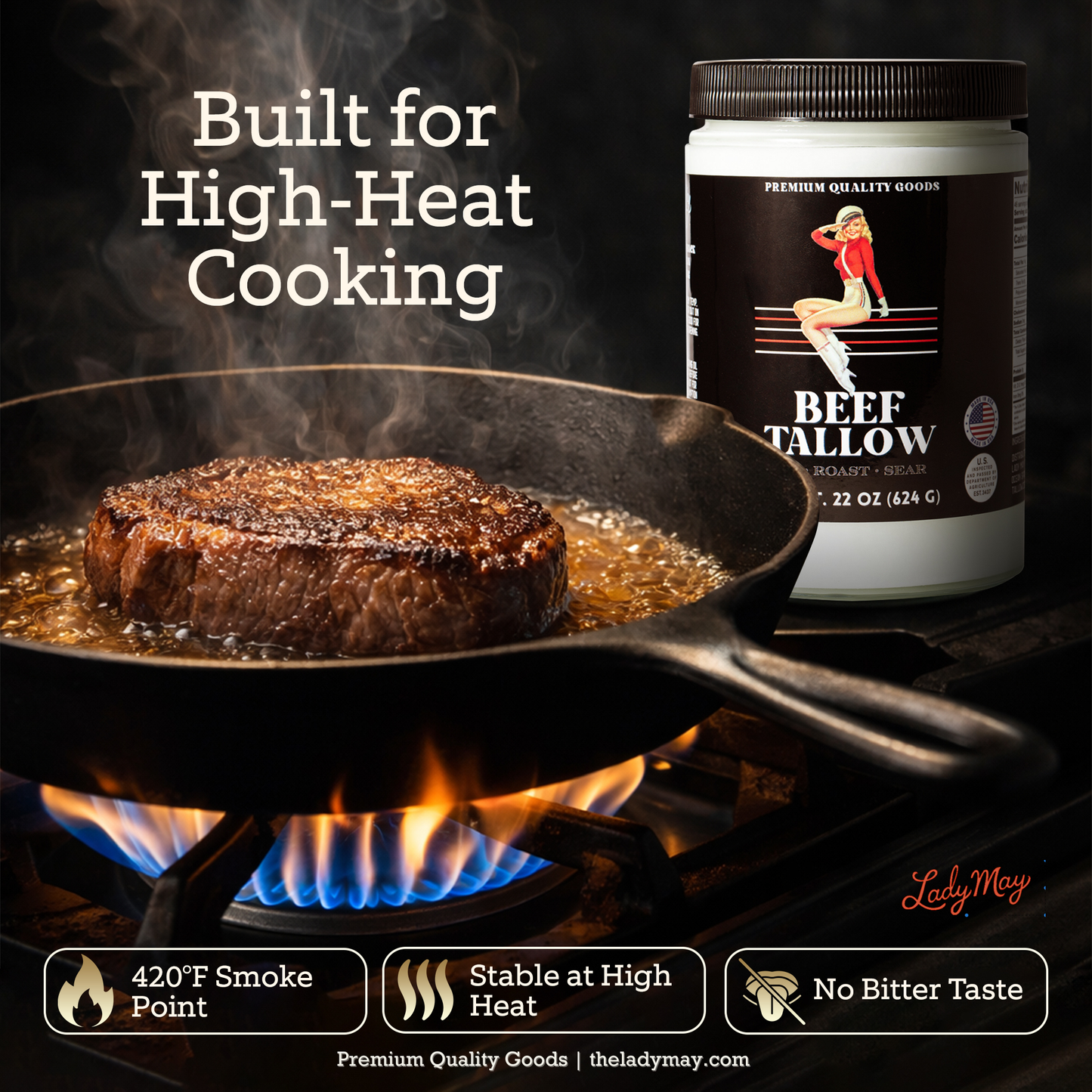 22oz grass-fed beef tallow from The Lady May, premium cooking fat, seed oil-free, high smoke point, ideal for high-heat cooking