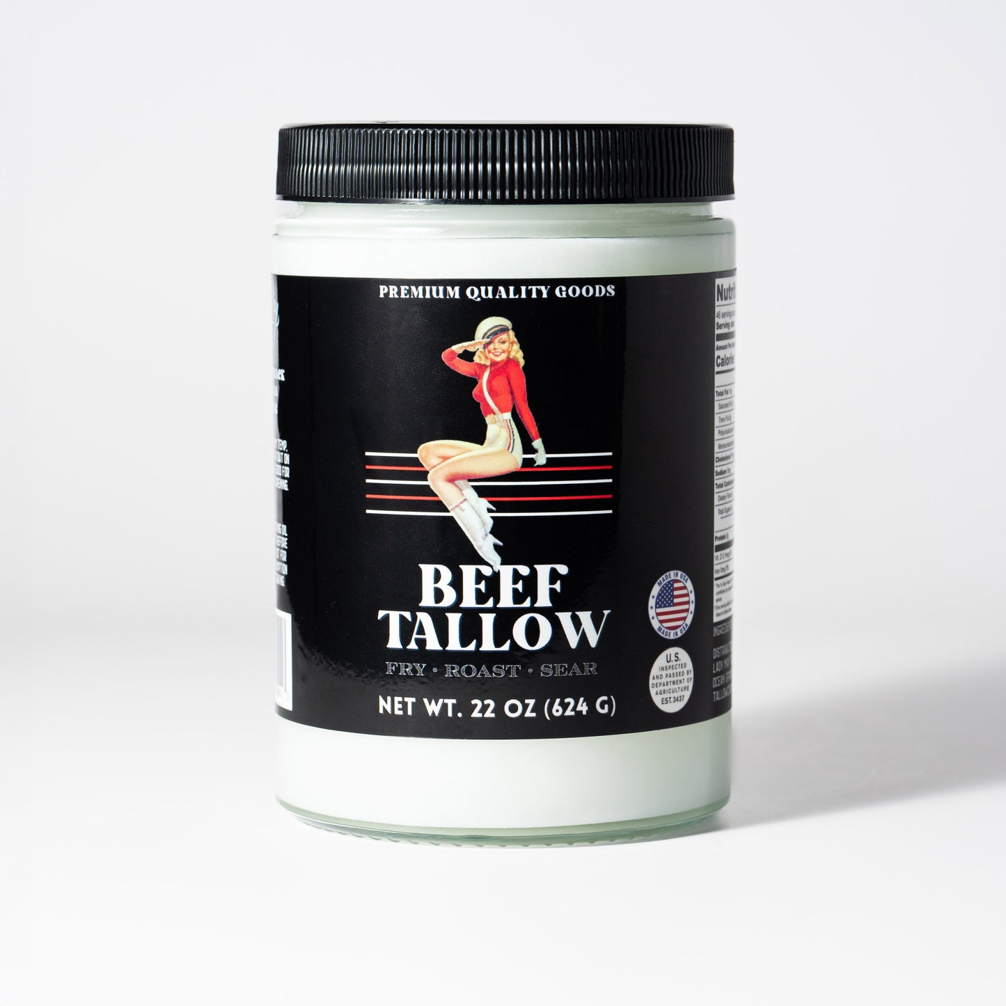 22oz jar of The Lady May grass-fed beef tallow, seed oil-free cooking fat, suitable for high-heat culinary use.
