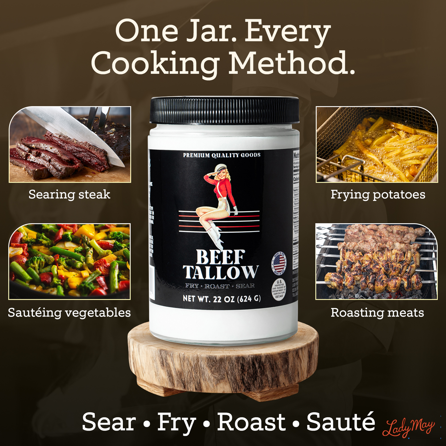 22oz jar of The Lady May grass-fed beef tallow, seed oil-free cooking fat ideal for searing, frying, roasting, and sautéing.