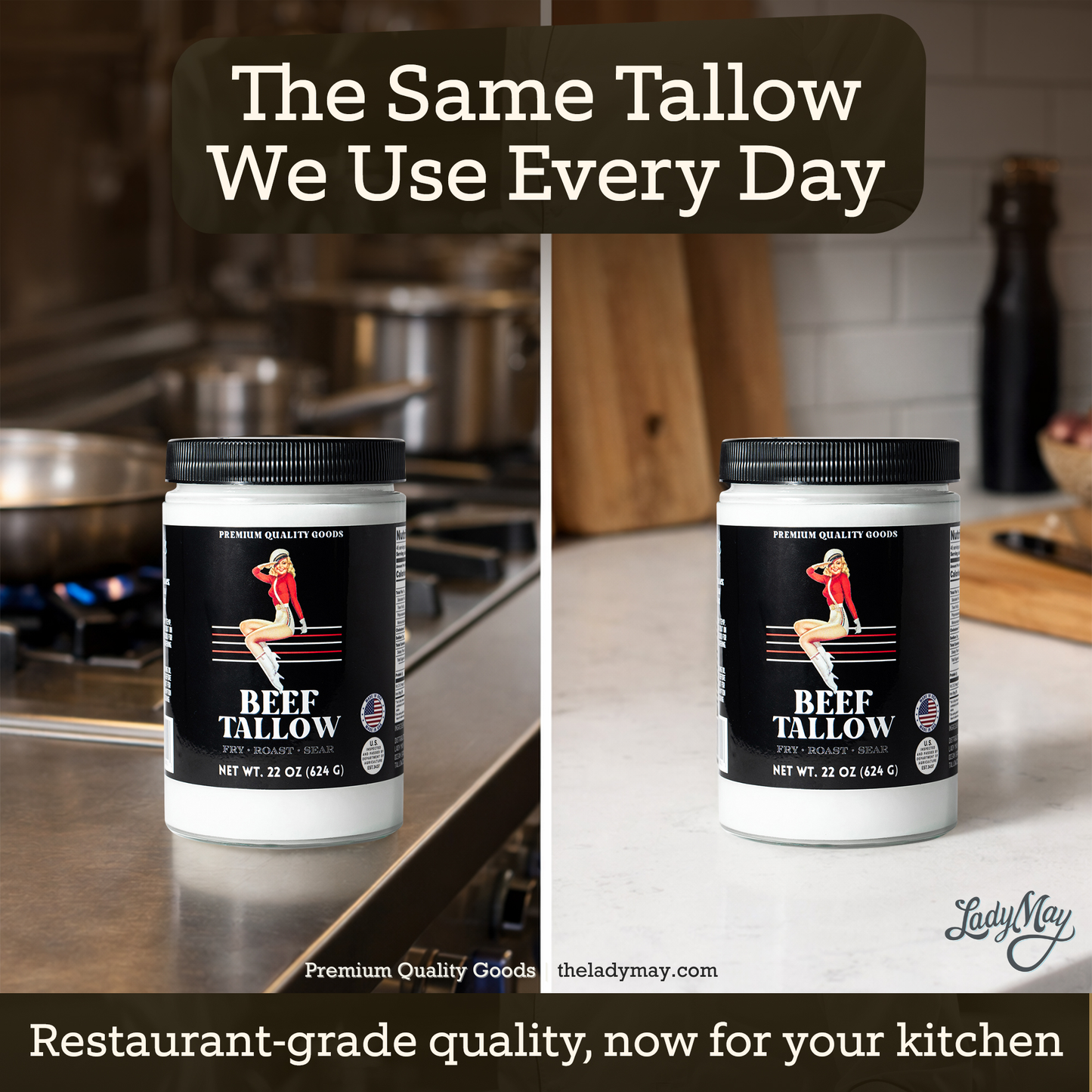 22oz jar of The Lady May premium grass-fed beef tallow, seed oil-free cooking fat, ideal for restaurant-quality dishes