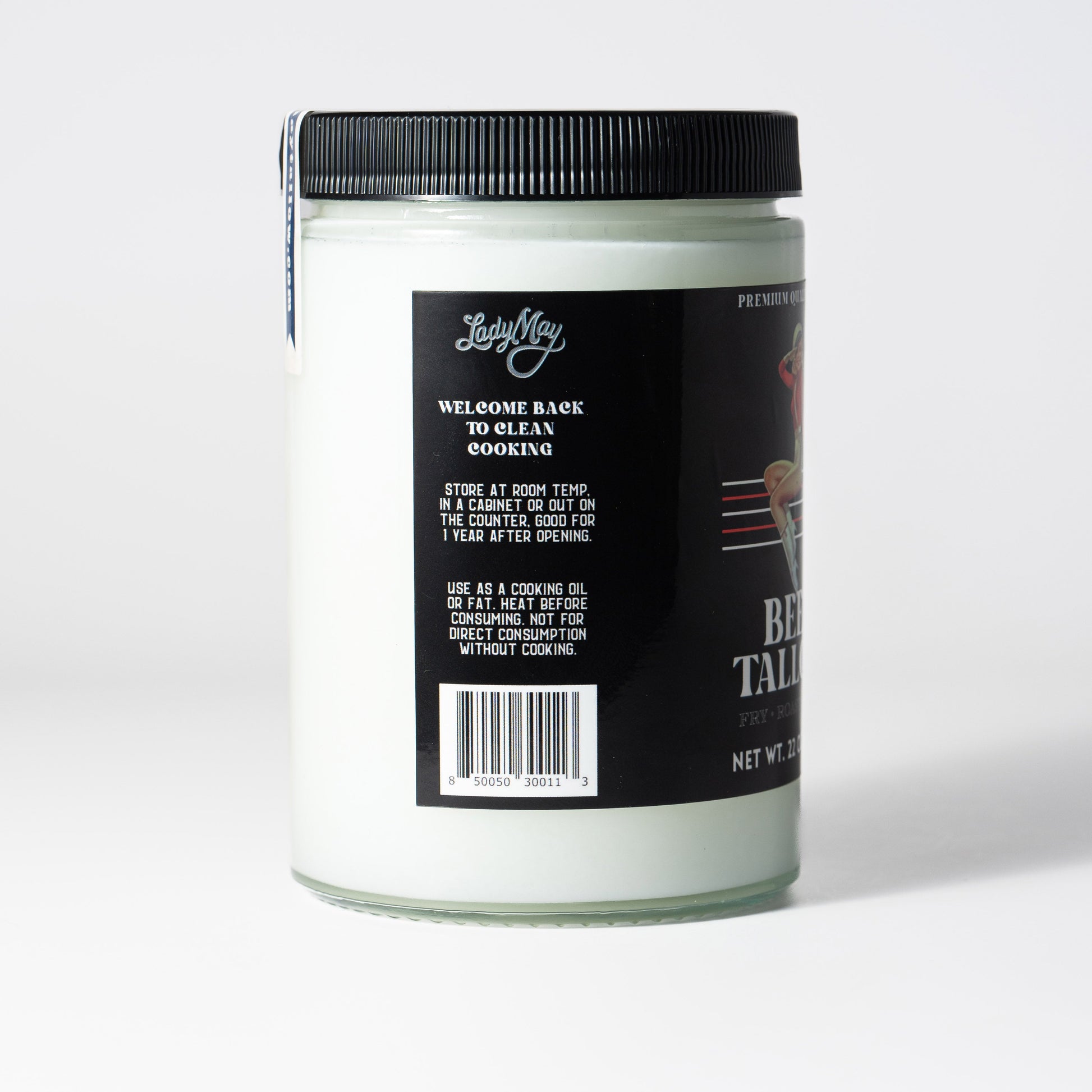 22oz jar of The Lady May premium grass-fed beef tallow, seed oil-free, ideal for restaurant-quality cooking and frying.