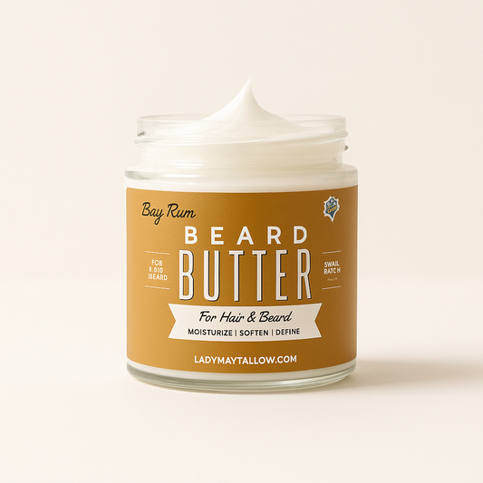 Lady May Tallow Bay Rum Beard & Body Butter, natural tallow moisturizer in a creamy lotion for men's skin and beard care.