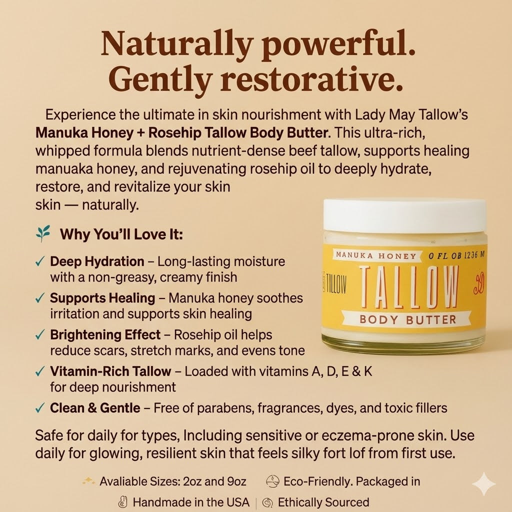 Lady May Tallow Manuka Honey and Rosehip Body Butter in 2oz jar, nourishing tallow-based cream with floral and honey-infused ingredients.