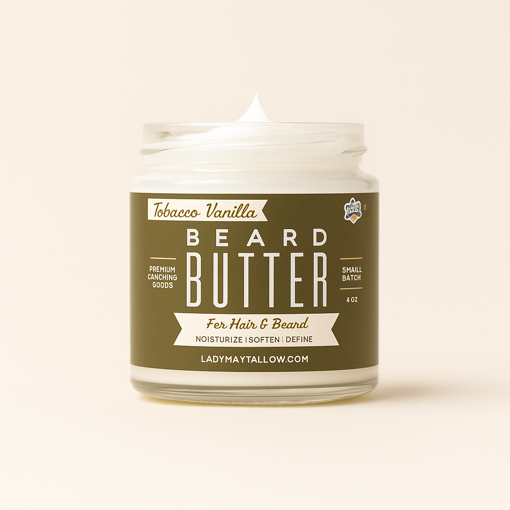 Lady May Tallow Natural Beard Butter for Men with Tobacco and Vanilla, creamy body lotion for beard and skin care.