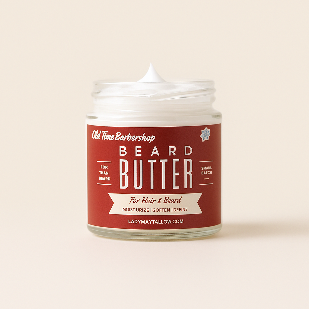 Lady May Tallow Old Time Barbershop Natural Tallow Beard & Body Butter for Men, all-natural beard and skin care lotion.