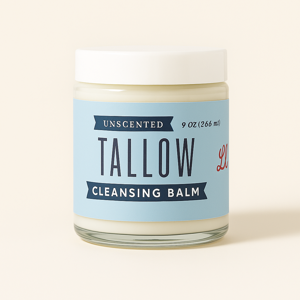 Lady May Tallow Unscented Tallow Balm body cream in a 9oz jar, natural beef tallow moisturizer with smooth, creamy texture.