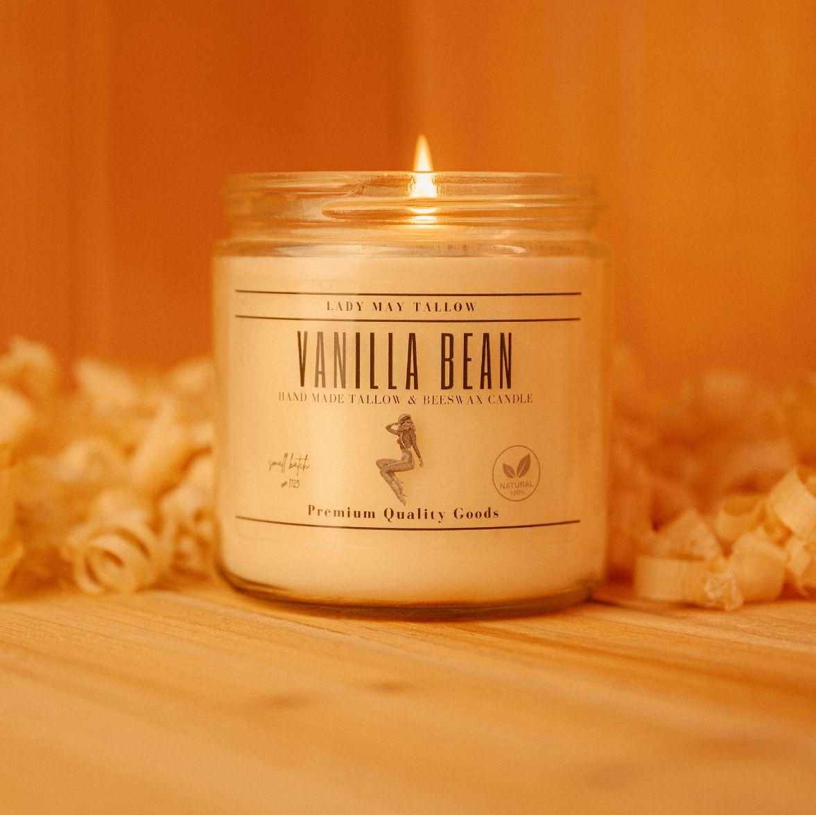 Lady May Tallow Classic Tallow & Beeswax Candle in 16oz jar with vanilla scent, natural soy wax, non-toxic, clean burning.