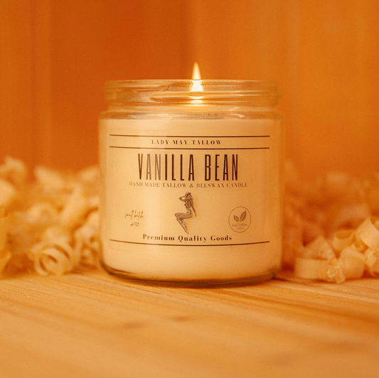 Lady May Tallow Classic Tallow & Beeswax Candle in 16oz jar with vanilla scent, natural soy wax, non-toxic, clean burning.
