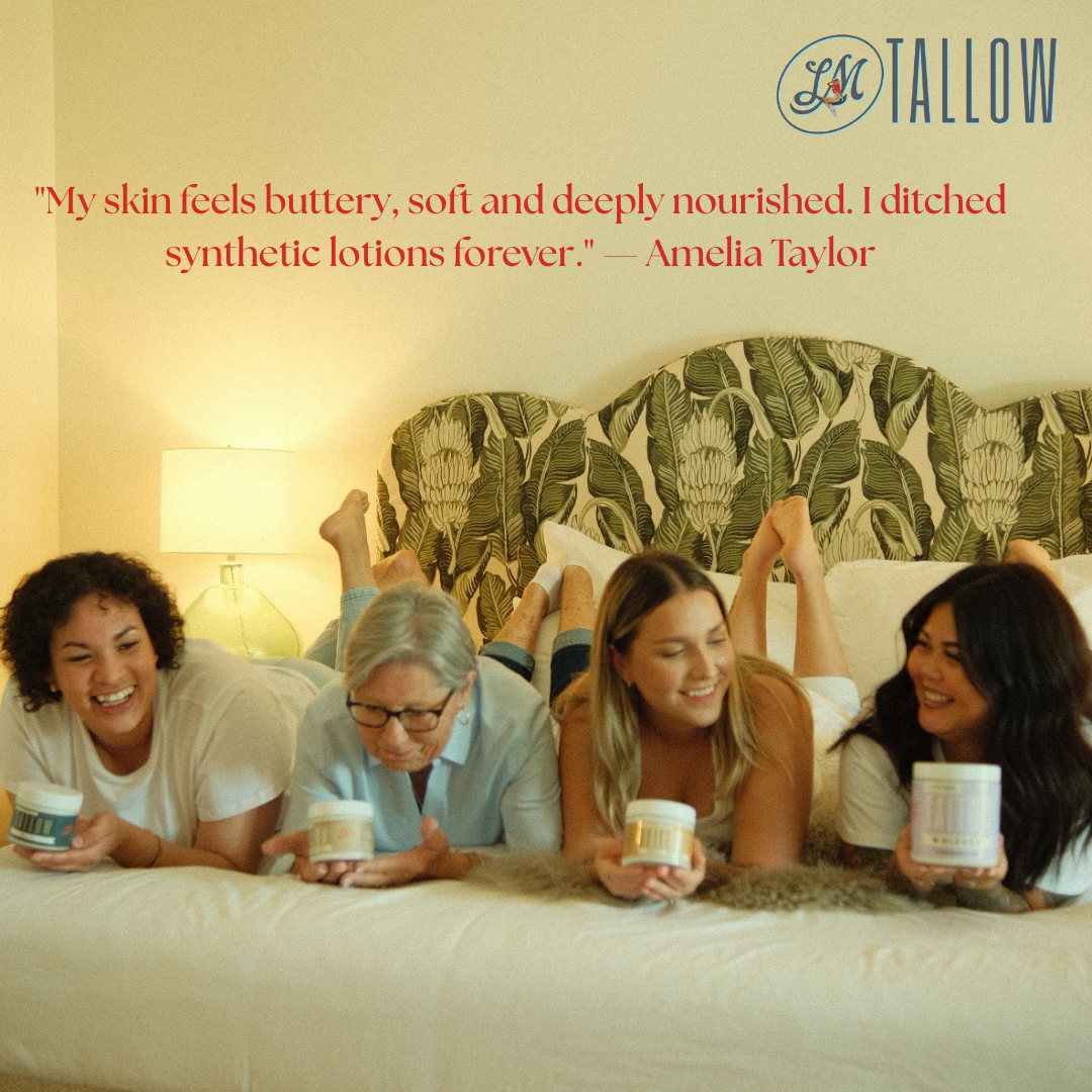 Lady May Tallow unscented beef tallow moisturizer in a whipped body cream texture, shown on a hand with a natural skincare setting.