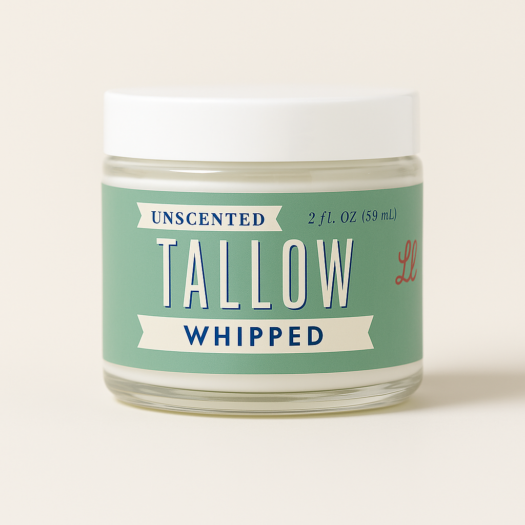Unscented whipped tallow body cream by Lady May Tallow, featuring grass-fed beef tallow and natural moisturizing ingredients.