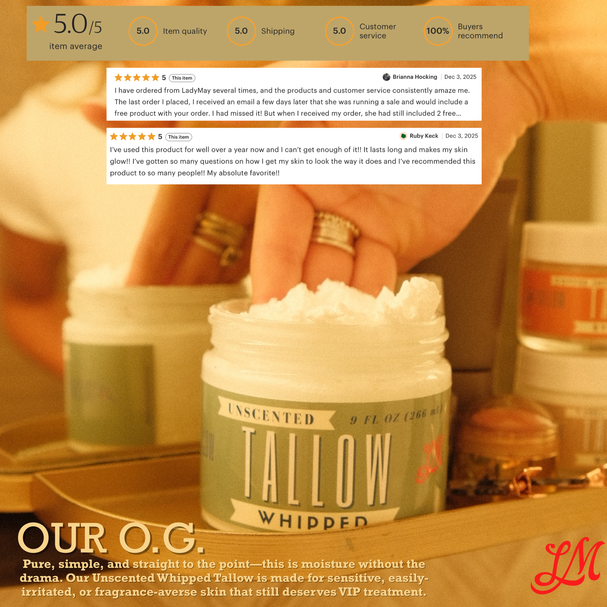 Lady May Tallow unscented whipped tallow moisturizer in a jar, highlighting natural, preservative-free beef tallow for face and body.