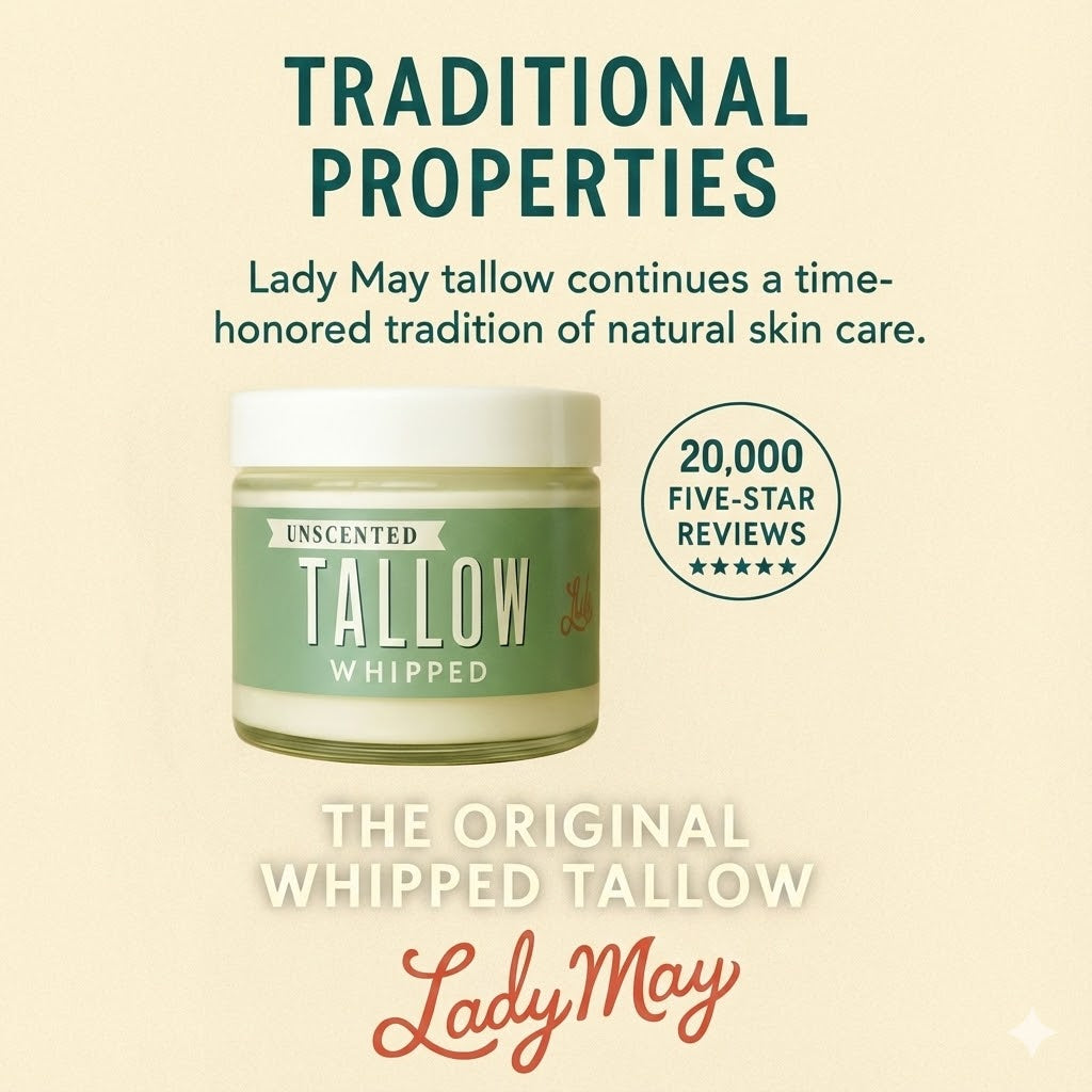 Lady May Tallow unscented whipped tallow moisturizer in a jar, showcasing creamy beef tallow body cream for face and skin.