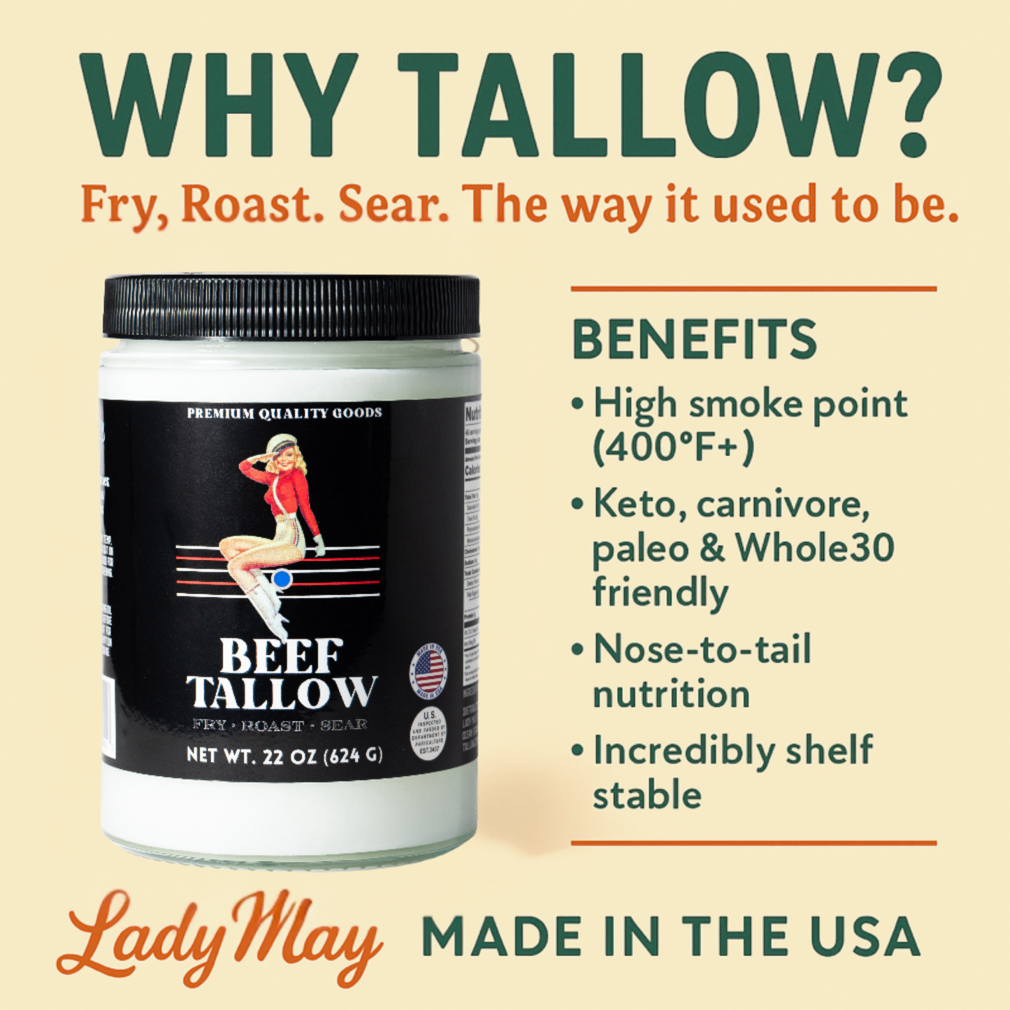22oz Grass-Fed Beef Tallow by The Lady May, high smoke point cooking fat, seed oil-free, ideal for restaurant-quality meals.