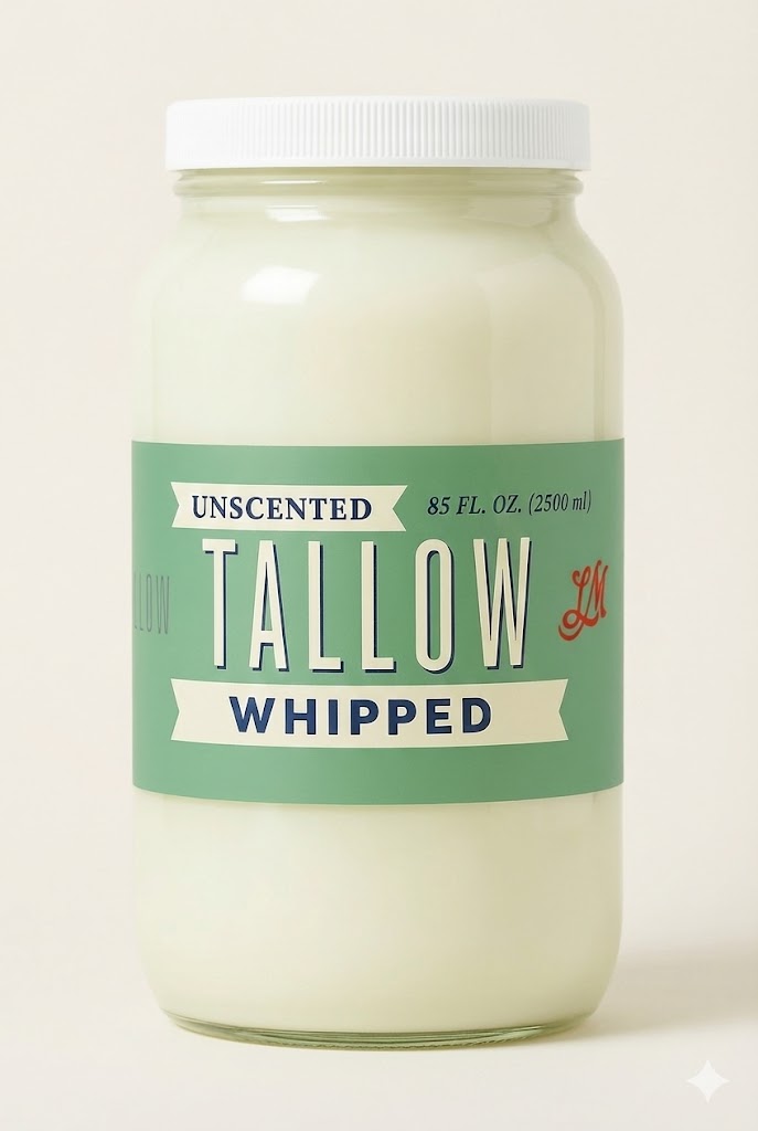 Lady May Unscented Whipped Tallow moisturizer for face and body, made from natural grass-fed beef tallow and seed oil-free.