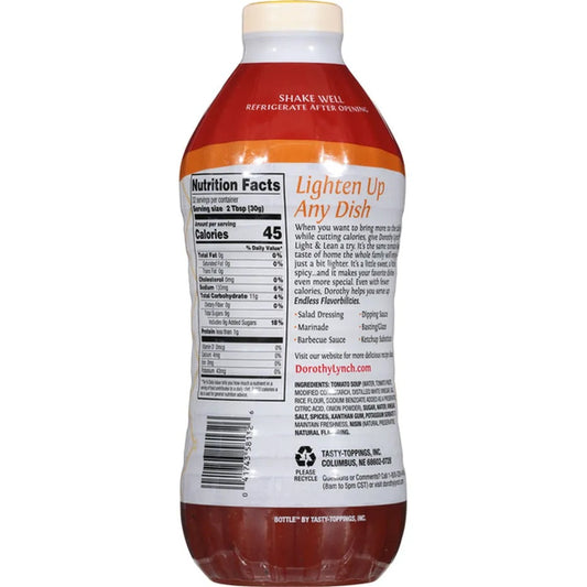 Large bottle of Light and Lean Dorothy Lynch Salad Dressing in a 32 oz gluten-free food product container with a label.