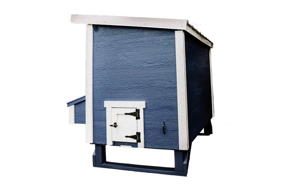 Large blue OverEZ Chicken Coop for up to 15 chickens, featuring spacious outdoor run and sturdy construction.