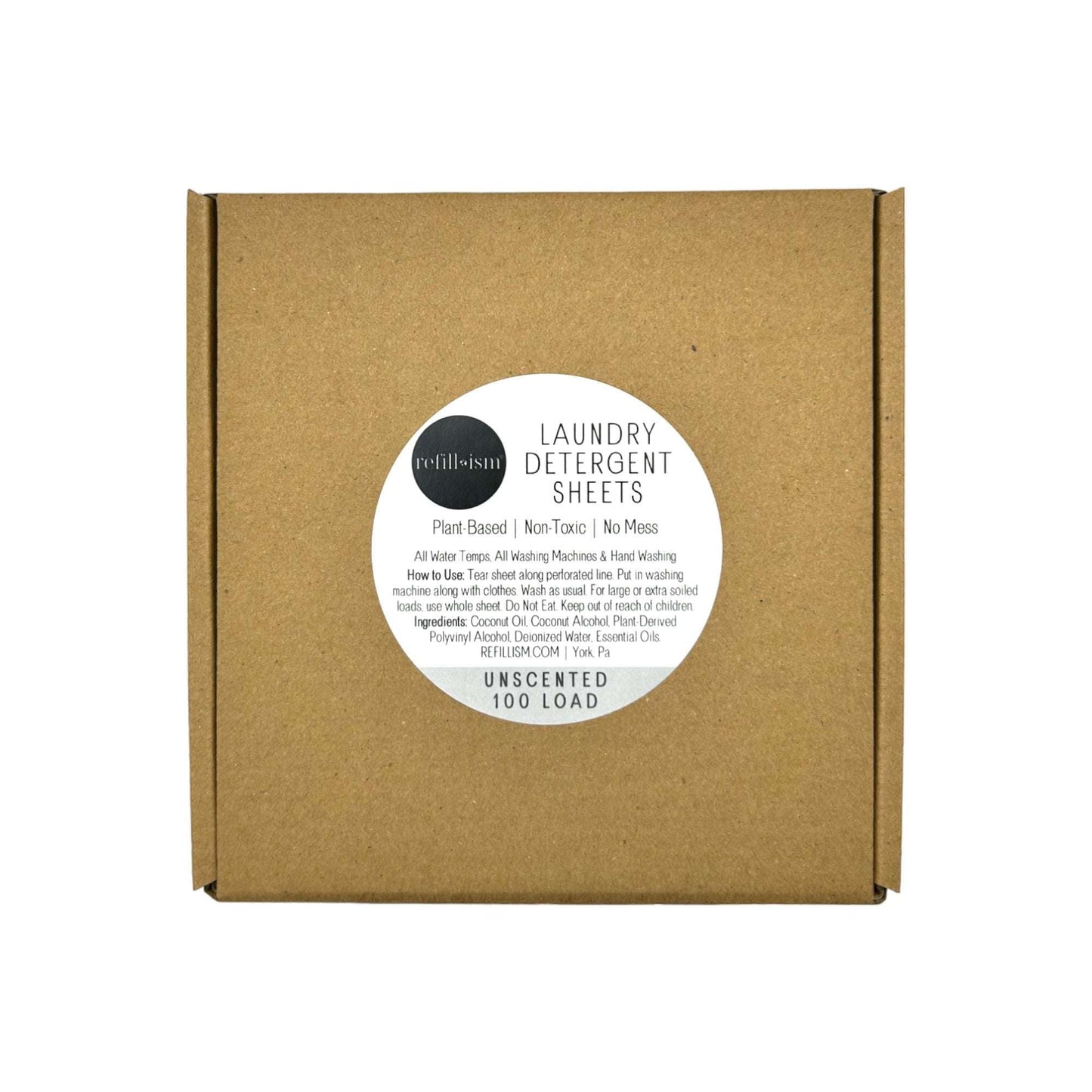 Reefillism eco-friendly laundry detergent sheets for 100 loads, plant-based, biodegradable, and suitable for all laundry types.