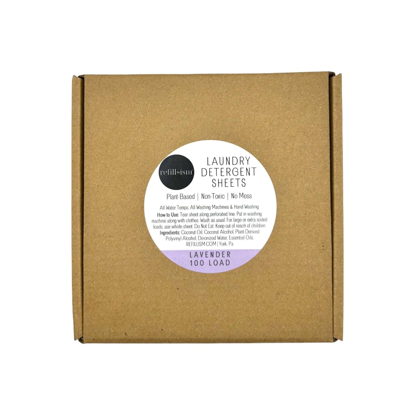 Refluidism eco-friendly laundry detergent sheets for 100 loads, plant-based and eco-conscious, shown in a clean, organized laundry room.