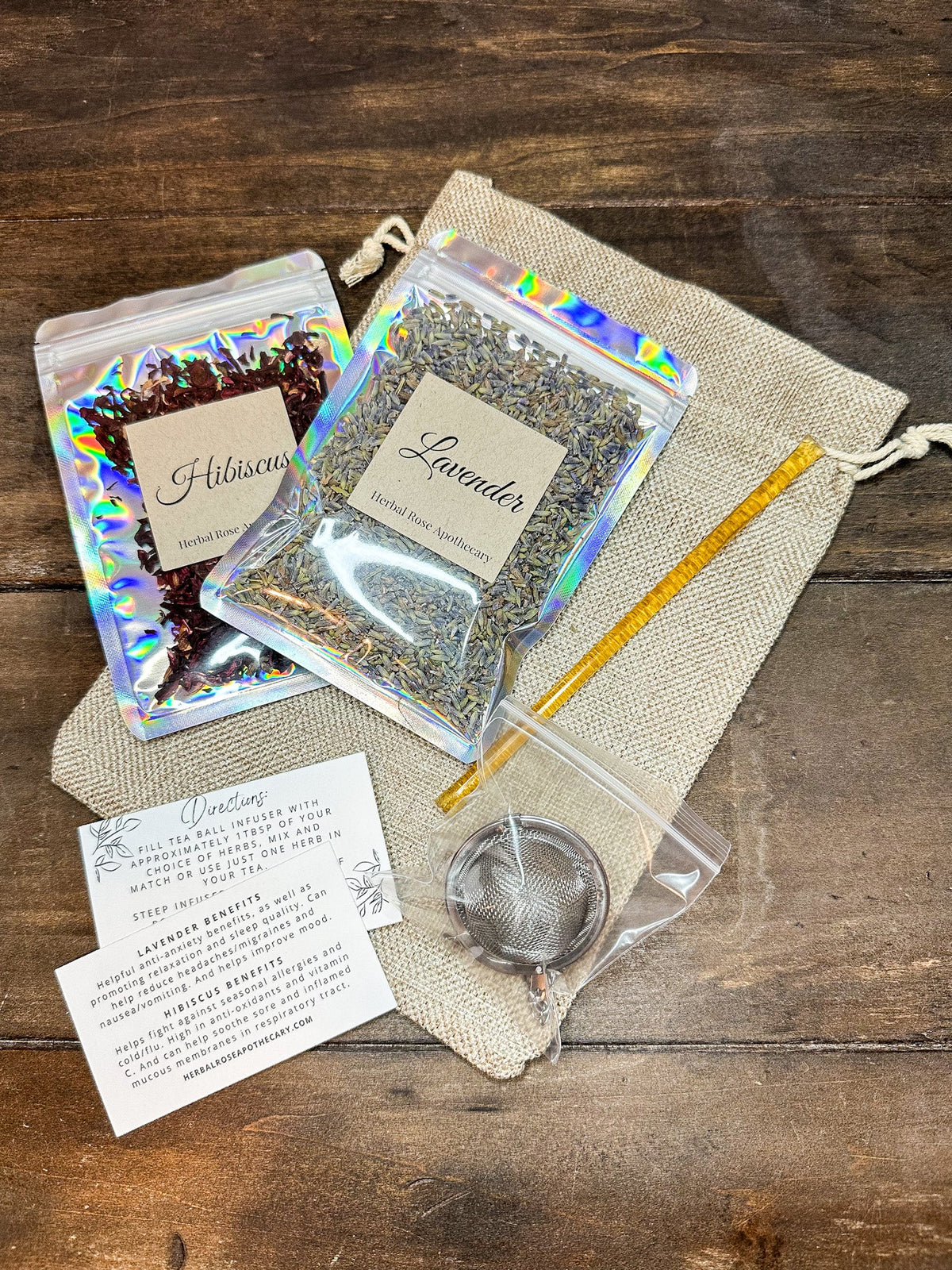 HerbalRoseApothecary herbal tea gift bags with dried herbs, perfect for brewing and gifting in two charming herbal tea sets.