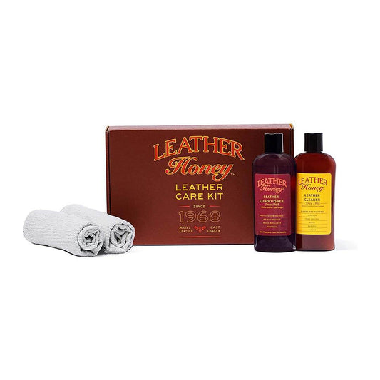 Leather Honey Leather Care Kit with cleaning and conditioning supplies for genuine leather furniture and accessories.