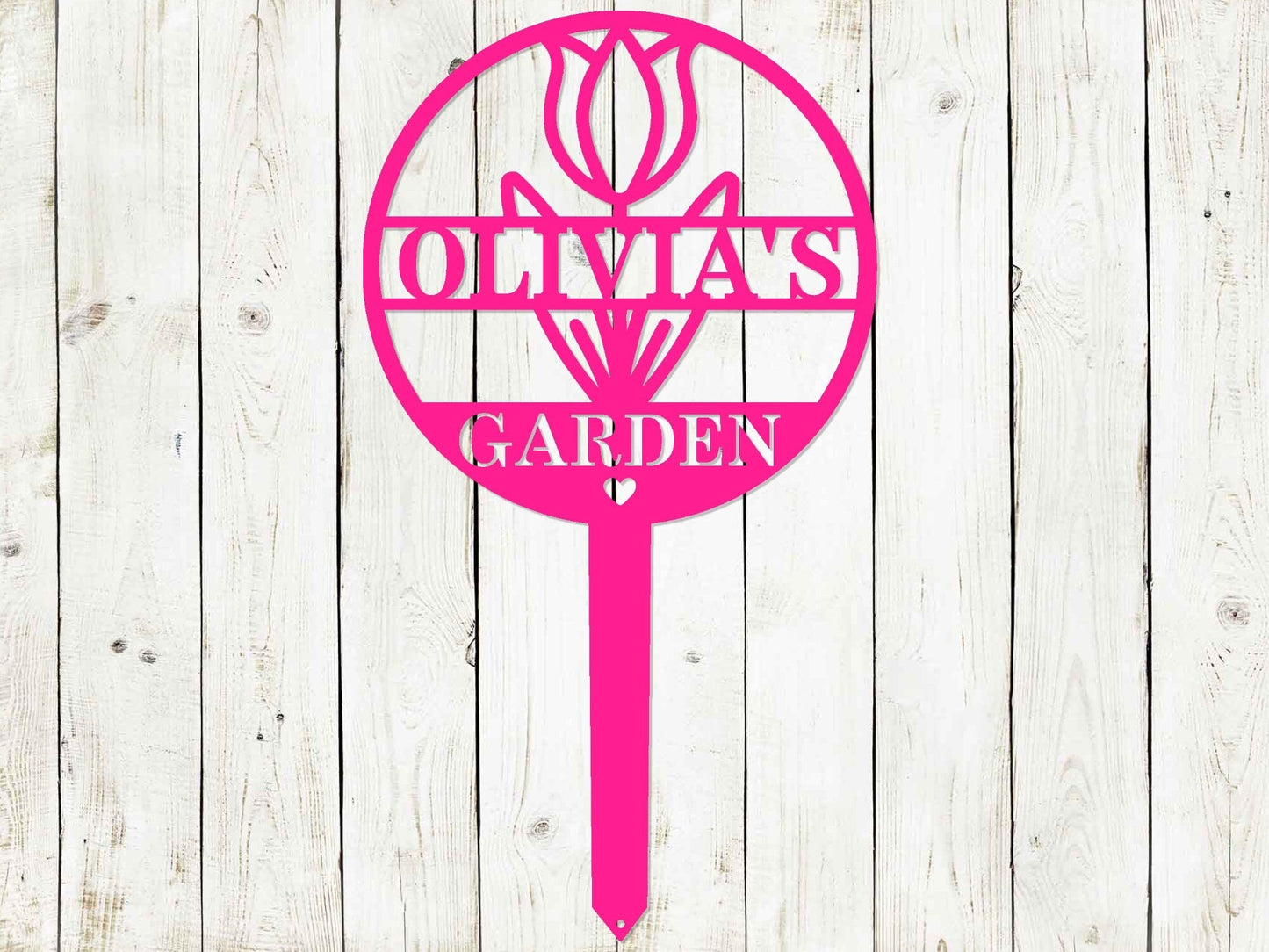 Black custom circle tulip garden sign by Lewis Design Company, 21x12 inches, decorative garden art and sign for outdoor displays