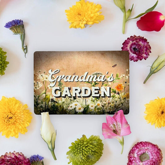 Personalized aluminum garden name sign by Lewis Design Company, outdoor patio and garden art, 12x8 inches, custom metal sign.