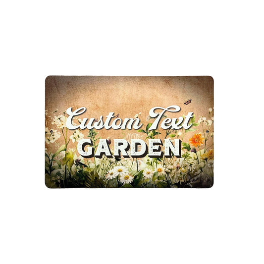 Custom aluminum garden name sign by Lewis Design Company, outdoor patio and garden art, personalized metal sign, 12x8 inches.