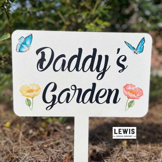 Custom metal butterfly garden stake by Lewis Design Company, outdoor patio and garden art sign, 19x12 inches.