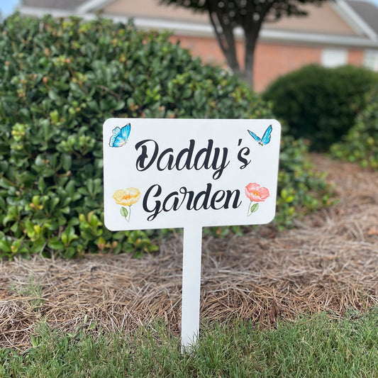 Metal butterfly garden stake by Lewis Design Company, outdoor patio and garden art, decorative custom garden sign.