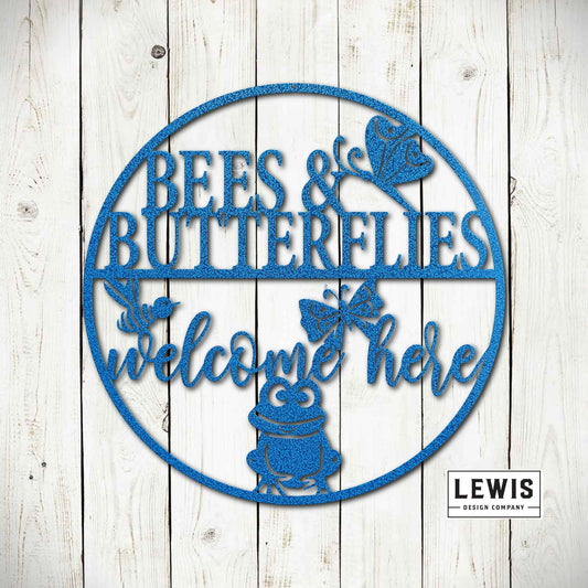 Black metal garden sign with bees and butterflies, welcoming message, outdoor patio and garden art from Lewis Design Company.