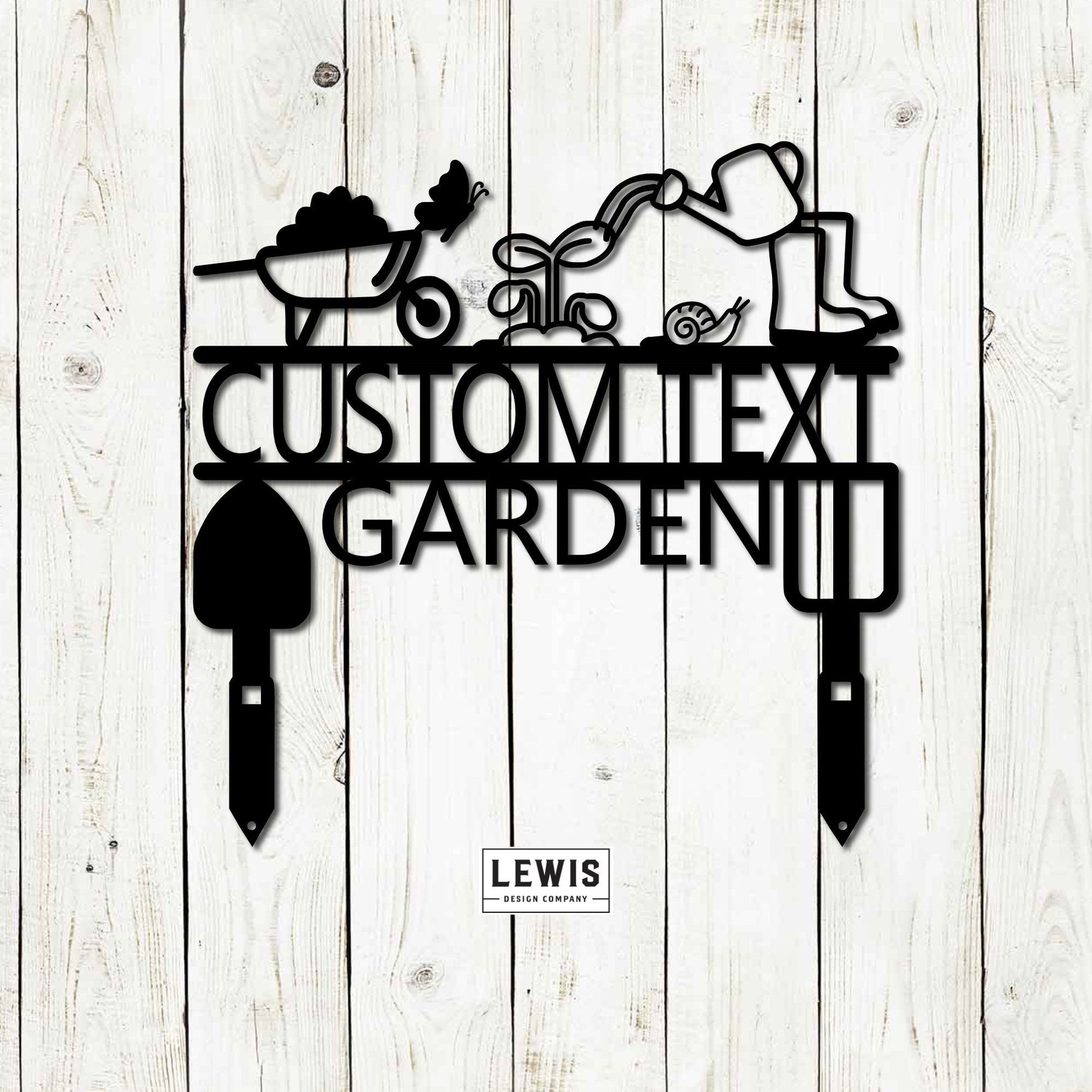 Black personalized metal garden sign by Lewis Design Company, 12x12 inches, outdoor patio and garden art for a customized garden display.