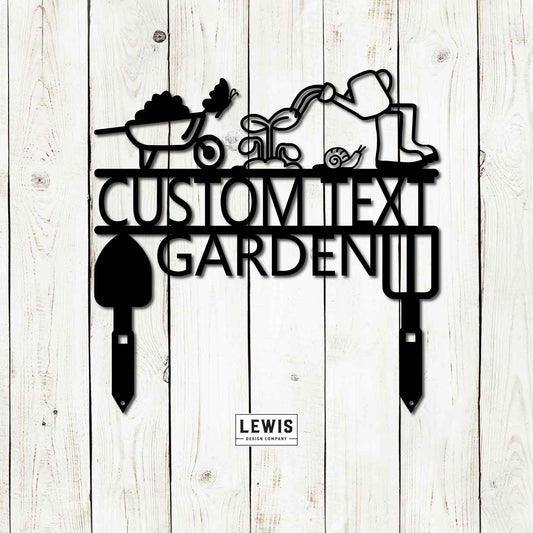 Black personalized metal garden sign by Lewis Design Company, 12x12 inches, outdoor patio and garden art for a customized garden display.