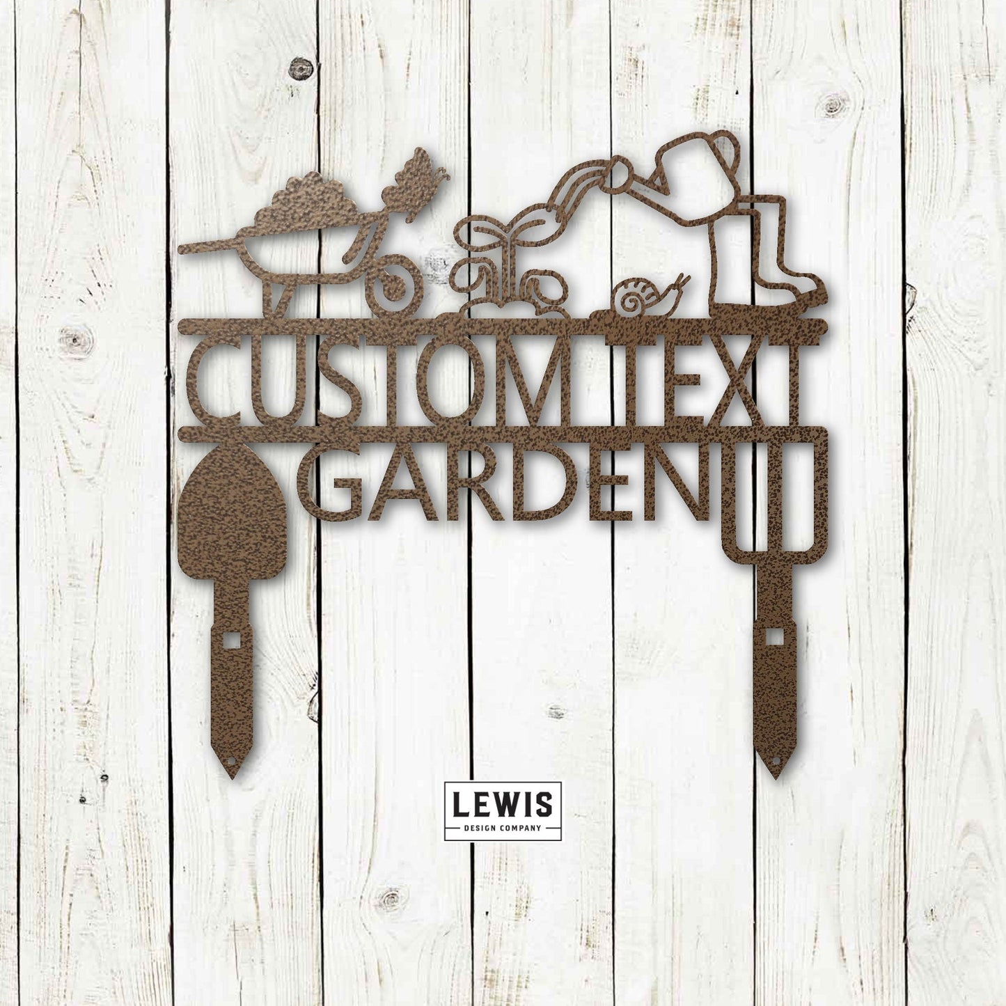 Black personalized metal garden sign from Lewis Design Company, 12x12 inches, outdoor patio and garden art for outdoor decoration.