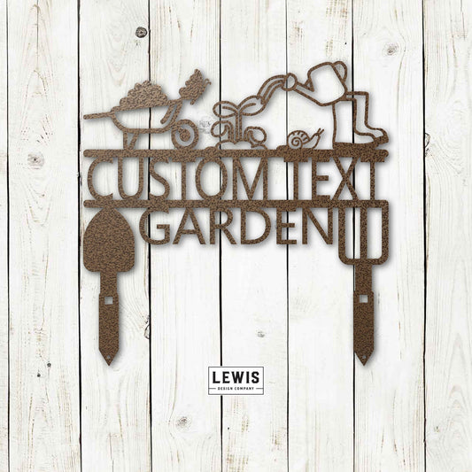 Black personalized metal garden sign from Lewis Design Company, 12x12 inches, outdoor patio and garden art for outdoor decoration.