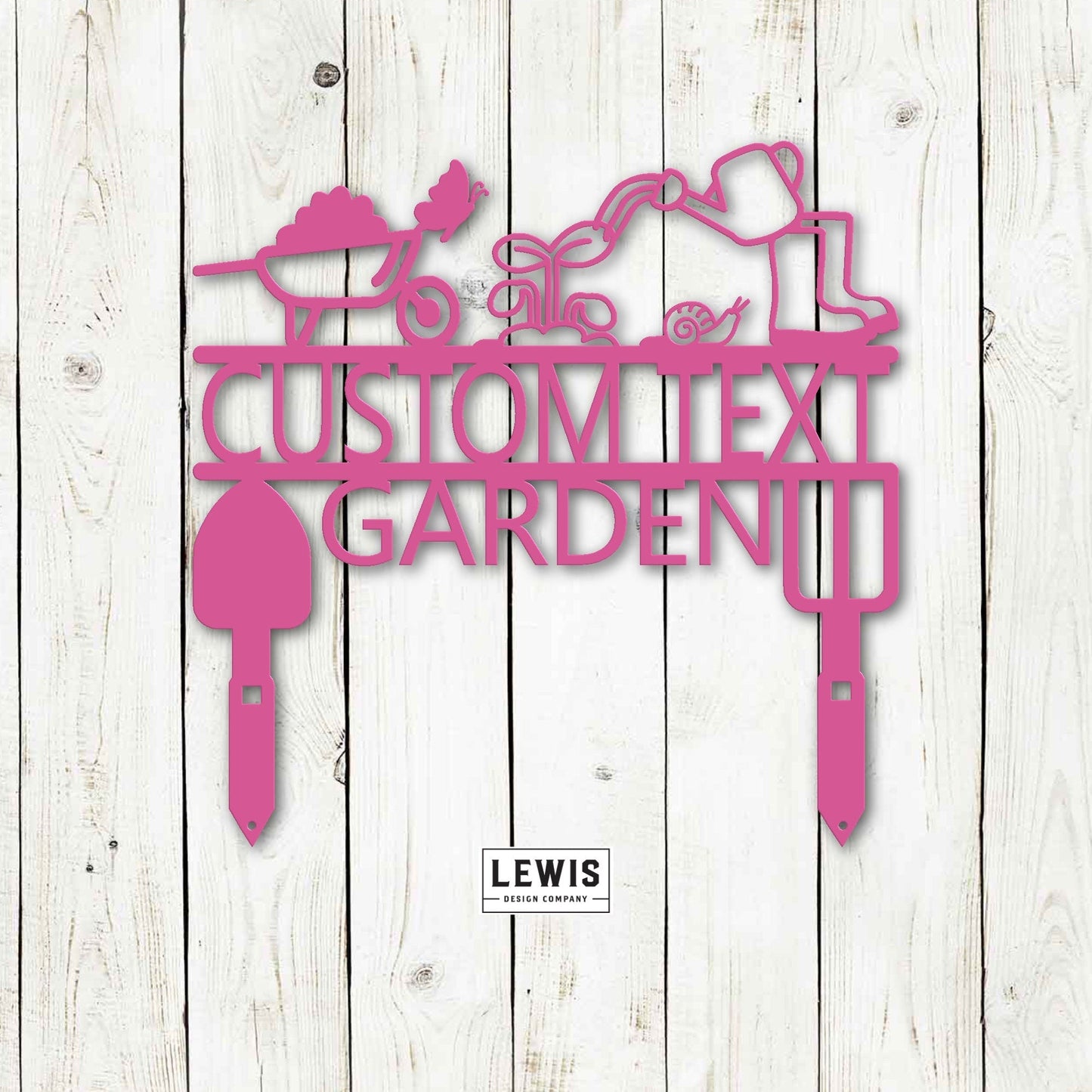 Black metal garden sign by Lewis Design Company, personalized outdoor patio and garden art, 12x12 inches, decorative and durable.