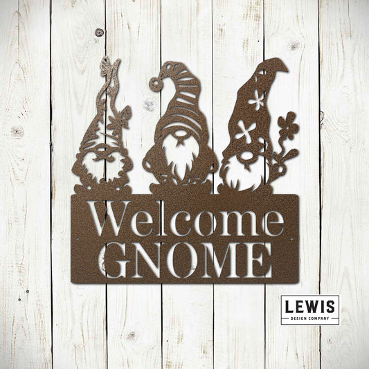 Black metal Welcome Gnome sign by Lewis Design Company, garden and outdoor wall decoration for patio and outdoor living spaces.